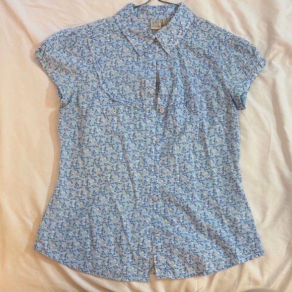 So Wear It Declare It Tops - So Wear It Declare It Light Blue Floral Cap Sleeve Button-Down Top